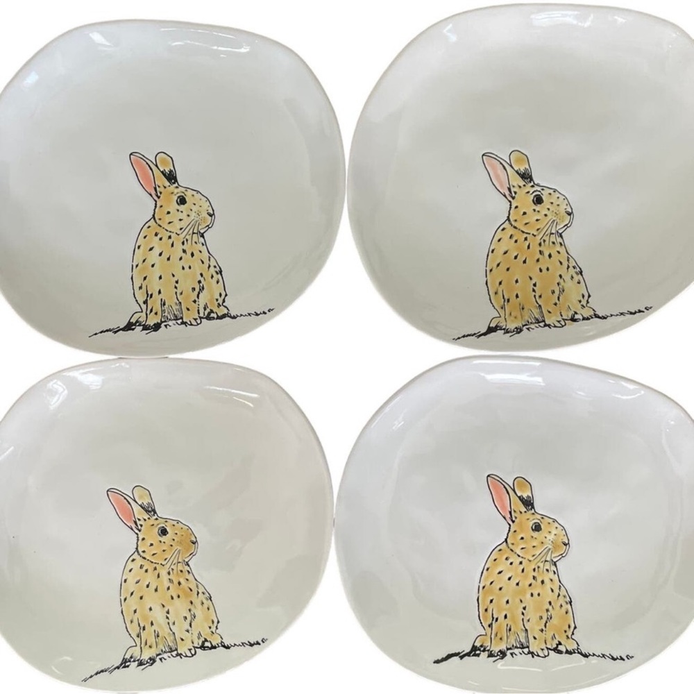 ELI & ANA Handmade Ceramics (4) White EASTER BUNNY RABBIT 8.5" SALAD PLATES NEW